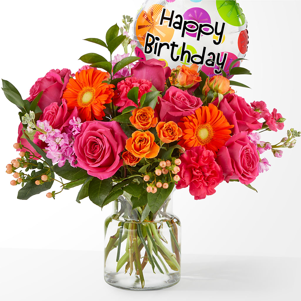 Fiesta Bouquet with Birthday Balloon – Black Orchid Florist, Santa Ana CA