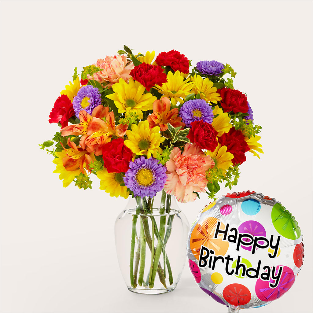 Kaleidoscope Bouquet with Birthday Balloon – Black Orchid Florist, Santa Ana CA