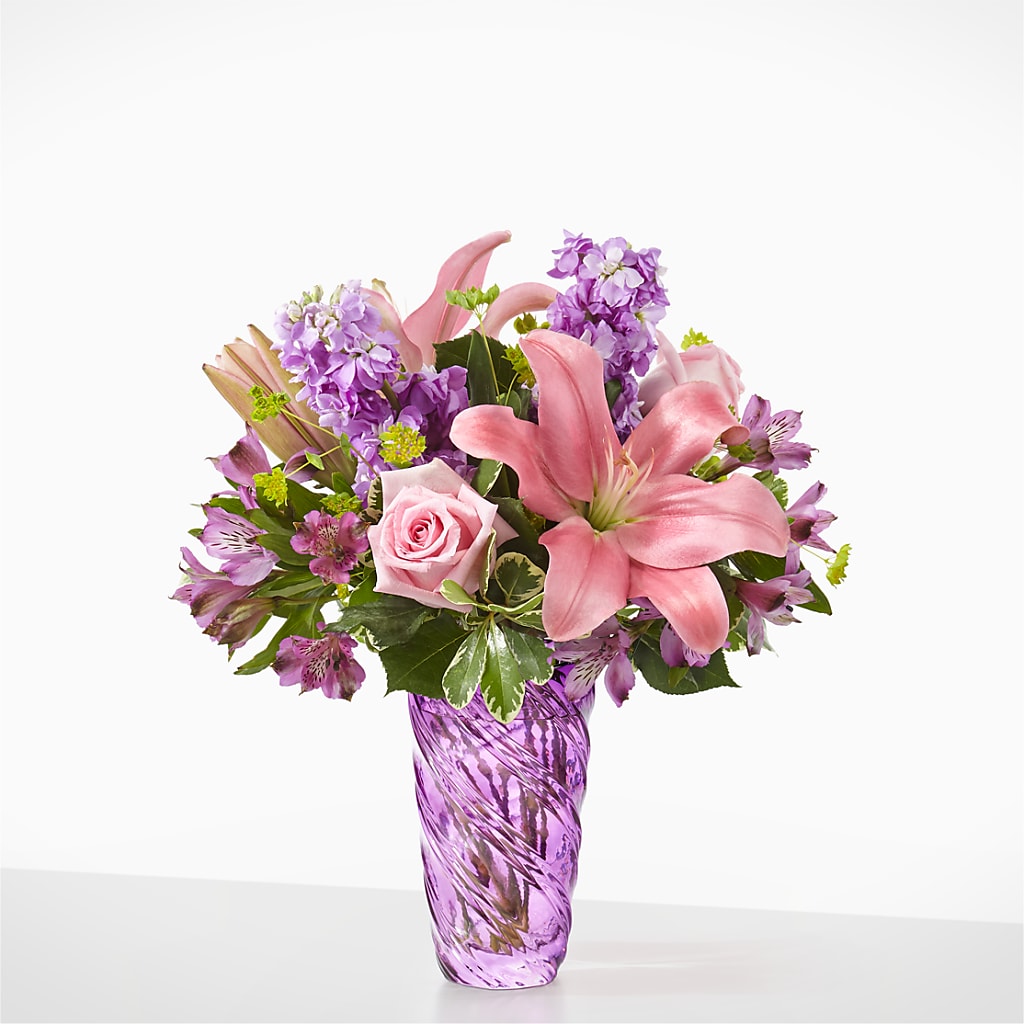 Precious Petals Bouquet with Luxe Swirl Vase – Black Orchid Florist, Santa Ana CA