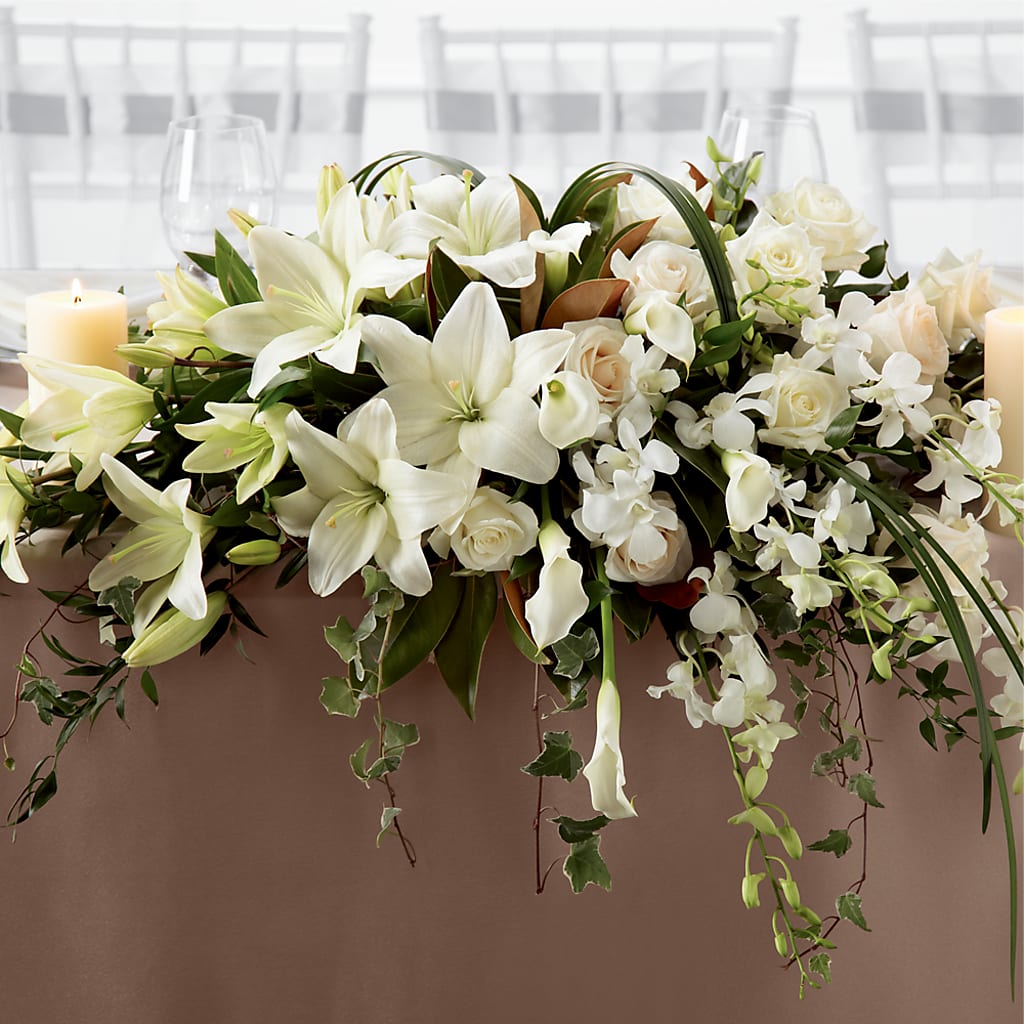 orchid and lily flower arrangement White Linen Arrangement
